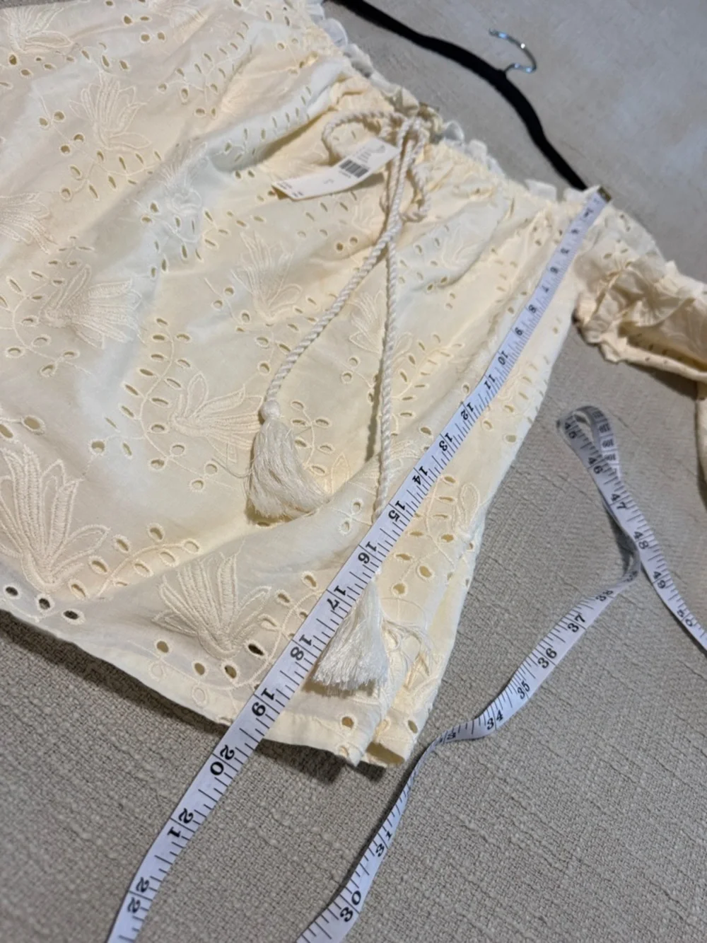 Anthropologie Cream Eyelet Off-Shoulder Peasant Blouse with Tassel
